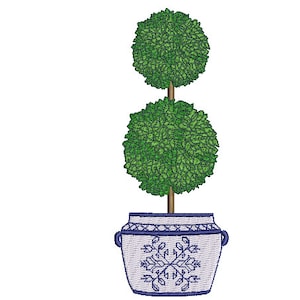 Chinoiserie Stickerei - Doppel Topiary Baum - Hamptons Topf Pflanze - Maschine Stickerei Datei Design - 5 x 7 Zoll Reifen - Instant Download