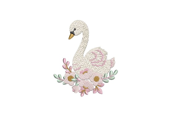 Pink Swan with flowers Machine Embroidery File design 4x4 hoop