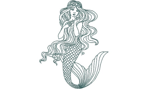 Mermaid Machine Embroidery File design - 8 x 12 hoop -  instant download - Redwork Mermaid