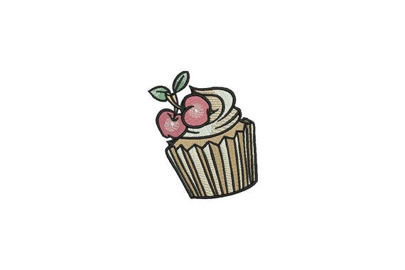 Cherry Cupcake Machine Embroidery File design 4x4 inch hoop - Retro Cupcake Tattoo