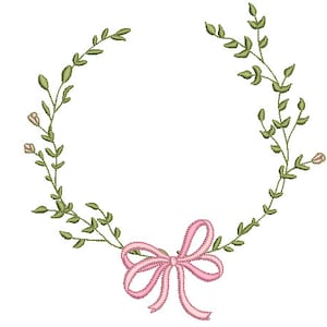 Pink Green Bow Wreath- Machine Embroidery File design - 8 x 8 inch hoop - monogram Frame - Instant download