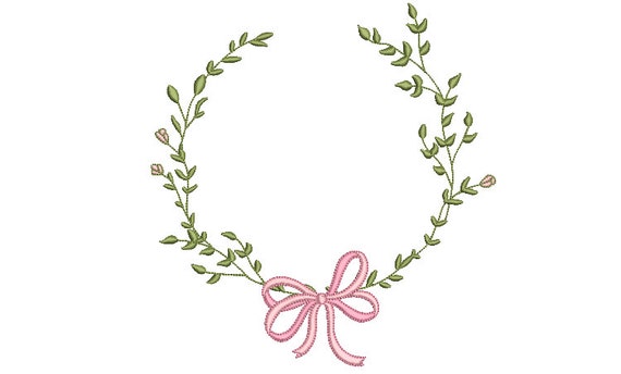 Pink Green Bow Wreath- Machine Embroidery File design - 8 x 8 inch hoop - monogram Frame - Instant download