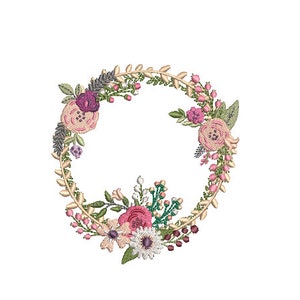 Pink Boho Wildflower Wreath- Machine Embroidery File design - 4x4 inch hoop - monogram Frame - Instant download