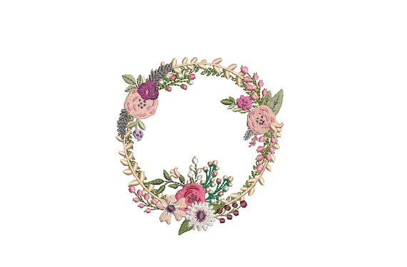 Pink Boho Wildflower Wreath- Machine Embroidery File design - 4x4 inch hoop - monogram Frame - Instant download