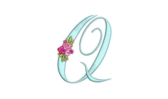 Pretty Rose Script LETTER Q  Machine Embroidery File design - 5 x 7 inch hoop - Monogram design