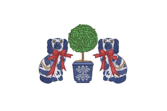 Spaniels Bows Topiary Embroidery - Chinoiserie Chic - Machine Embroidery File design - 5 x 7 inch hoop - Instant Download