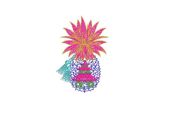 Chinoiserie Pagoda Pineapple Embroidery - Machine  Embroidery File design - 4x4 hoop