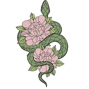 Snake Flowers Filled  Embroidery Design - Modern Machine Embroidery File design - 7x12 inch hoop - instant download