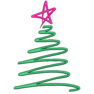 Könnte beinhalten: Ein Maschinenstickmuster, das einen stilisierten Weihnachtsbaum zeigt, der aus einer durchgehenden grünen Zickzacklinie besteht und von einem leuchtend pinkfarbenen, fünfzackigen Stern gekrönt wird. Das Design weist eine Satinstich-Textur auf.