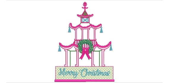Chinoiserie Chic - Merry Christmas Pagoda - Machine Embroidery File design - 6x10 hoop