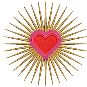 Könnte beinhalten: Ein rotes Herz mit rosa Umrandung, umgeben von goldenen Strahlen. Das Herz ist ein Symbol für Liebe und Zuneigung.