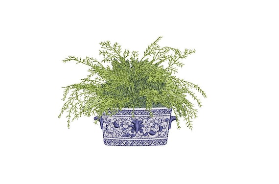 Chinoiserie Silk Fern Embroidery - Hamptons Pot Plant - Machine Embroidery File design - 4 x 4 inch hoop - Instant Download