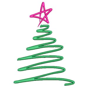 May include: A simple green line drawing of a Christmas tree with a pink star on top.
