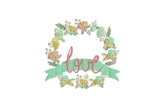 LOVE Flower Wreath Machine Embroidery File design 6x10 inch or 16x26cm hoop