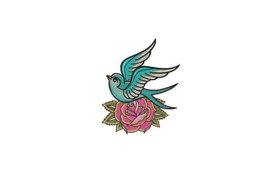 Rose & Swallow Bird Tattoo Retro Machine Embroidery File design 4 x 4 inch hoop