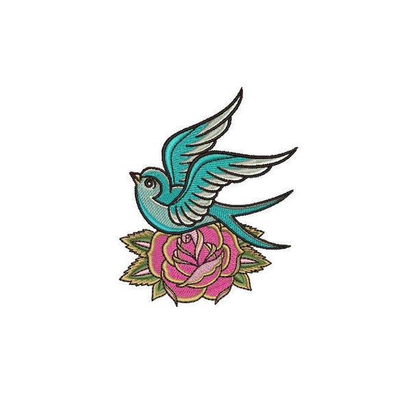 Rose & Swallow Bird Tattoo Retro Machine Embroidery File design 4 x 4 inch hoop