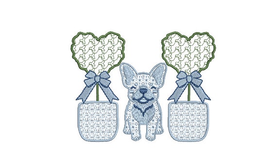 Hamptons Frenchie Topiary Trees -French Bulldog Machine Embroidery File design - 5x7 inch hoop - Frenchie Embroidery