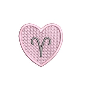 May include: Pink heart-shaped design with a gray Aries zodiac symbol inside.
