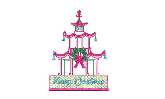 Chinoiserie Chic - Merry Christmas Pagoda - Machine Embroidery File design - 5x7 inch hoop
