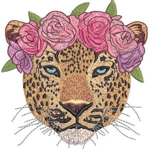 Arquivo de bordado à máquina Coroa de Flores Leopardo - bastidor de 5 x 7 polegadas - Rosto de Leopardo - download instantâneo