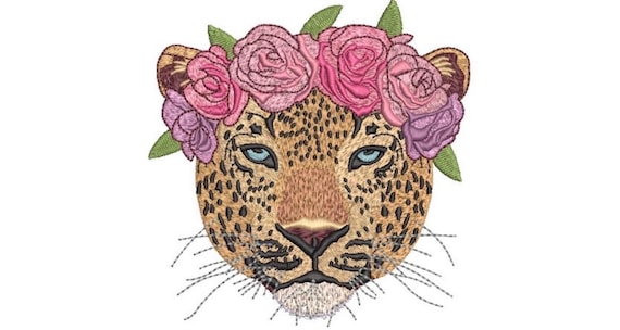 Leopard Flower Crown Machine Embroidery File design - 5x7 inch hoop - Leopard Face - instant download
