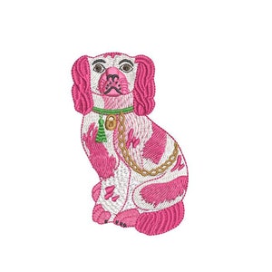 May include: Embroidered dog design in pink and white, featuring a green collar with a gold lock and tassel, and a gold chain. The dog has pink ears and spots, and is sitting upright.