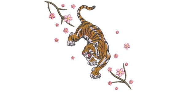 Tiger Sakura Embroidery Design - Tiger & Blossoms - Urban Modern Machine Embroidery File design - 7x12 inch hoop - instant download