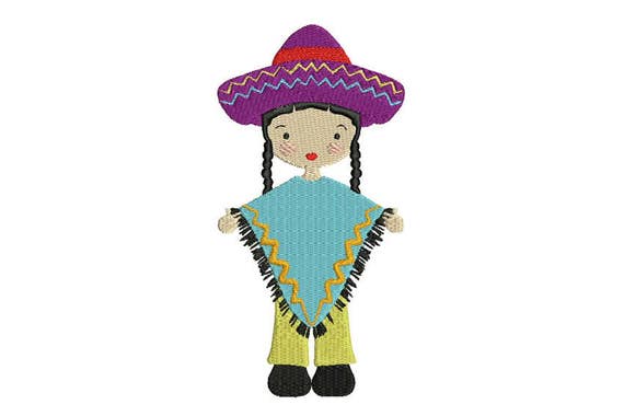 Mexican Folksy Girl in Pants & Poncho Machine Embroidery File design 5 x 7 inch hoop - instant download