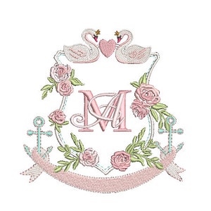 Swan Rose Crest - Machine Embroidery File design - 5x7 inch hoop - Monogram Frame - Swan Embroidery