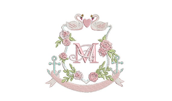 Swan Rose Crest - Machine Embroidery File design - 5x7 inch hoop - Monogram Frame - Swan Embroidery