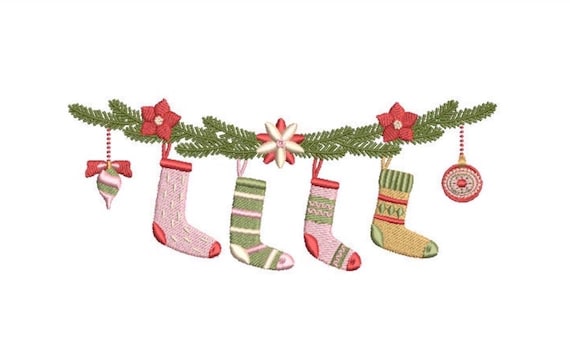 Christmas Stockings Garland Embroidery - Machine Embroidery File - design 5x7 inch hoop - Christmas Embroidery Design