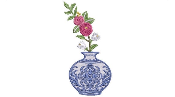Chinoiserie Vase With Flowers - Machine Embroidery File design - 5x7 inch hoop - Instant Download - Ginger Jar