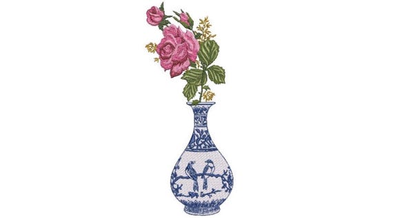 Chinoiserie Chic Machine Embroidery Design - Roses Vase Machine Embroidery File design - 8x12 inch hoop