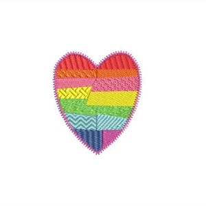 May include: A heart-shaped embroidery patch featuring a patchwork design of various colors including red, orange, pink, yellow, green, light blue, and dark blue. The heart is outlined with a pink zigzag stitch border and contains diverse textures.