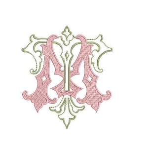 Peut inclure: Un monogramme brodé présentant les lettres M et Y entrelacées. La lettre M est réalisée avec un fil rose tendre aux ornements décoratifs, tandis que la lettre Y est cousue avec un fil vert sauge pâle, créant un motif superposé.