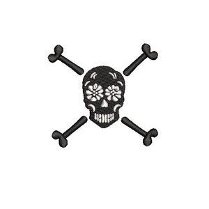 May include: Black and white sugar skull with floral details, crossed bones, and a simple design.
