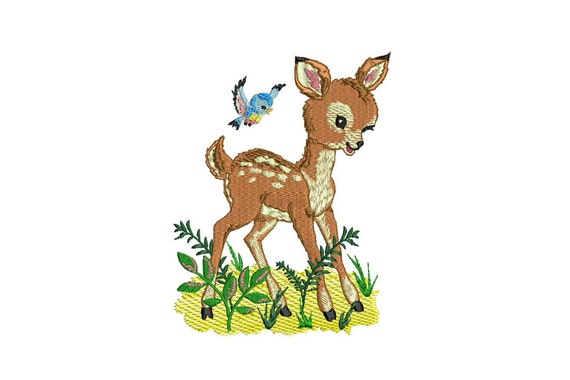 Deer Embroidery - Deer & Bluebird in Grass Retro Vintage Machine Embroidery File design 5x7 hoop