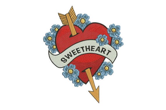 Sweetheart Forget Me Nots Tattoo Retro Machine Embroidery File design 6 x 10 inch hoop - instant download