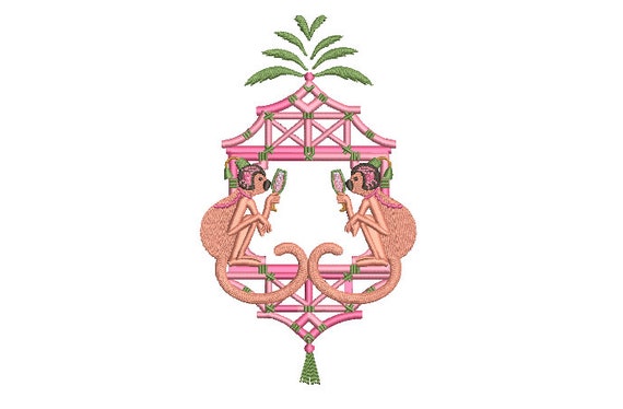 Chinoiserie Chic Monkey Bamboo Pagoda Frame Machine Embroidery File design 5x7 hoop