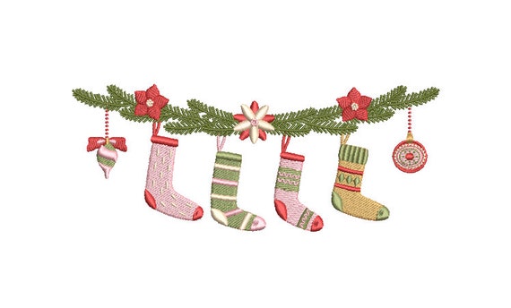 Christmas Stockings Garland Embroidery - Machine Embroidery File - design 5x7 inch hoop - Christmas Embroidery Design