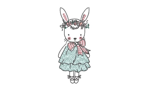 Pretty Bunny Machine Embroidery File design - 4x4 inch hoop - Easter Embroidery Design - hand drawn style