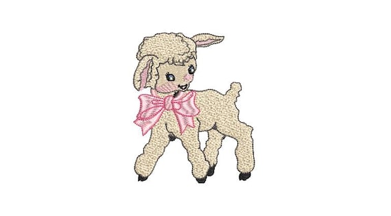 Lamb Embroidery - Machine Embroidery Vintage Little Lamb Pink Bow Machine Embroidery File design 4 x 4 inch hoop