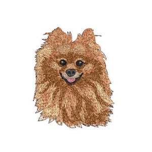 May include: An embroidered patch featuring a fluffy brown Pomeranian dog with dark eyes, a black nose, and a small pink tongue visible. The design captures the thick, textured fur of the dog in various shades of tan and brown thread.
