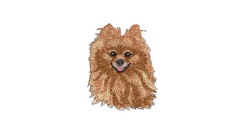 May include: An embroidered patch featuring a fluffy brown Pomeranian dog with dark eyes, a black nose, and a small pink tongue visible. The design captures the thick, textured fur of the dog in various shades of tan and brown thread.