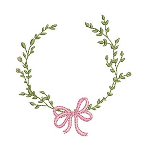 May include: An embroidery design featuring a circular wreath of green leafy branches with small buds. At the bottom center, a pink ribbon is tied into a bow with a white stitched outline, connecting the two ends of the green botanical wreath.