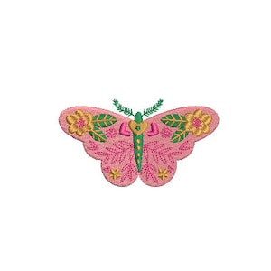 Pode incluir: Design de bordado de borboleta rosa com folhas verdes, flores amarelas e corações rosas.