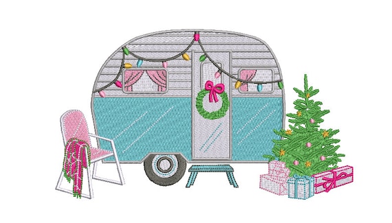 Christmas Caravan Camping Machine Embroidery File design 8x8 inch hoop - instant download