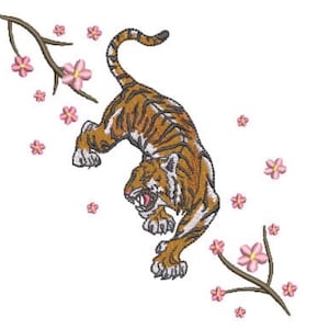 Desenho de Bordado Tigre Sakura - Tigre e Flores - Arquivo de Bordado à Máquina Moderno e Urbano - Bastidor 5 x 7 polegadas - Download Instantâneo