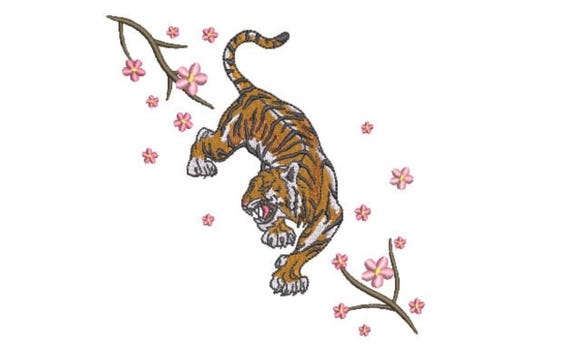 Tiger Sakura Embroidery Design - Tiger & Blossoms - Urban Modern Machine Embroidery File design - 5x7 inch hoop - instant download