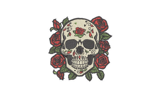 Rose Skull Embroidery - Boho Skull Roses Bohemian Machine Embroidery File design - 4x4 inch hoop